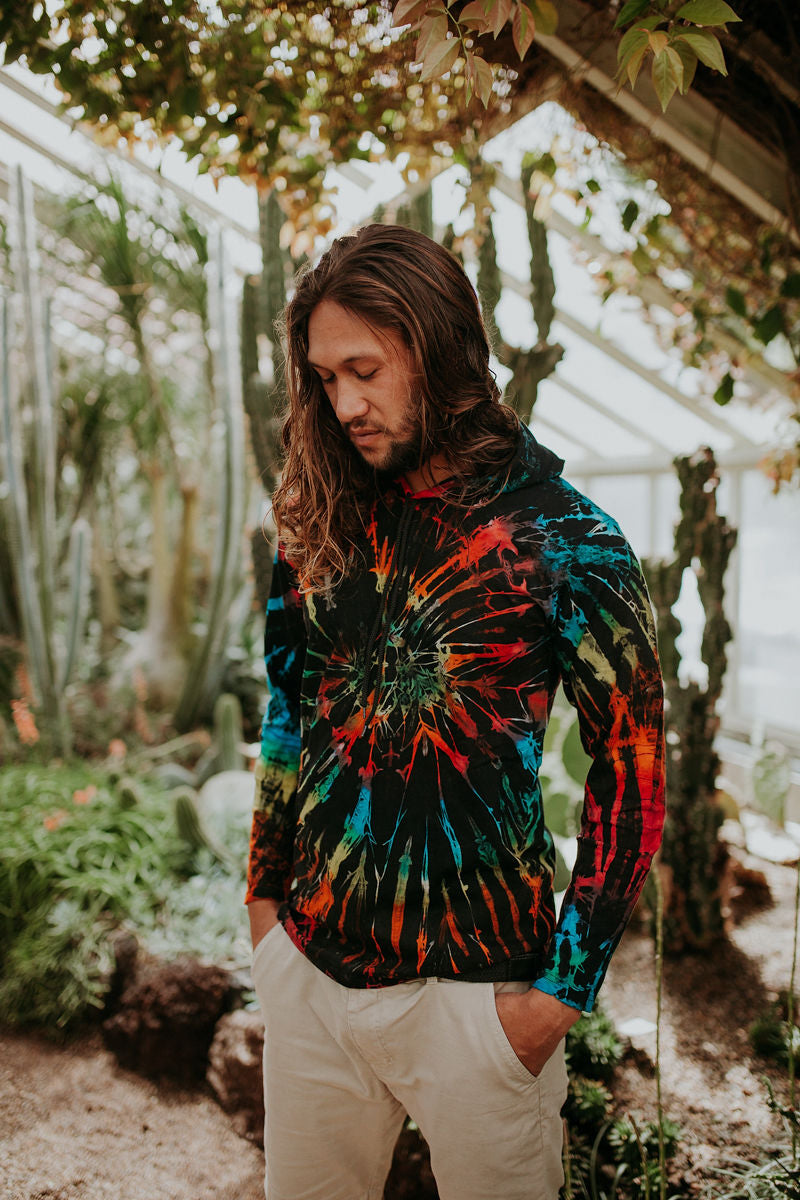 Long Sleeve Tie Dye Hoodie Black Rainbow