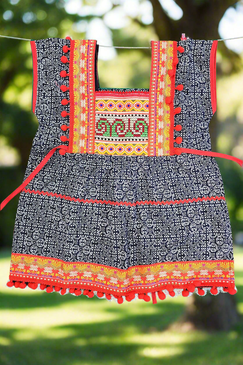 Girls Ethnic Dress - Navy & Red