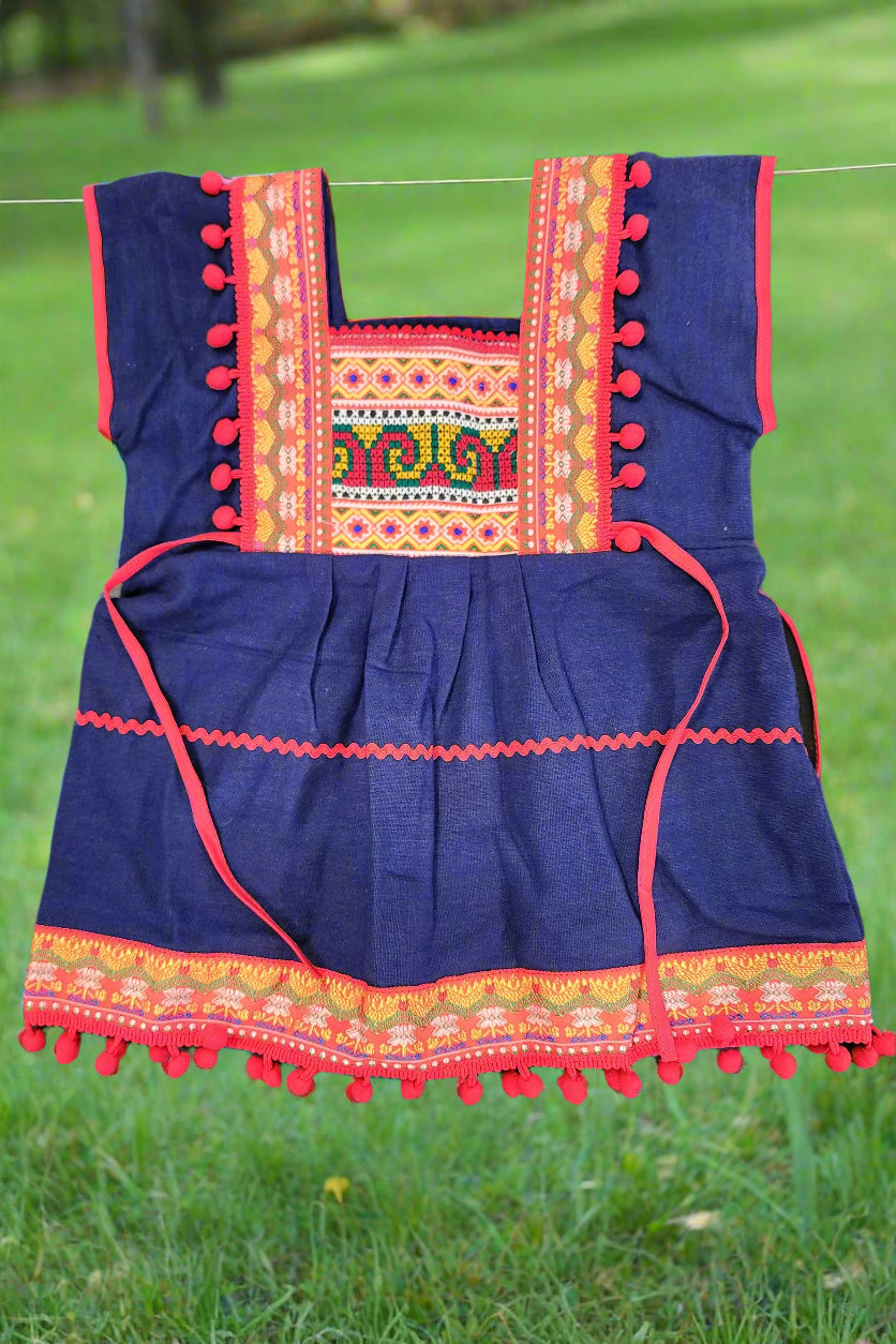 Girls Ethnic Dress - Navy with Red
