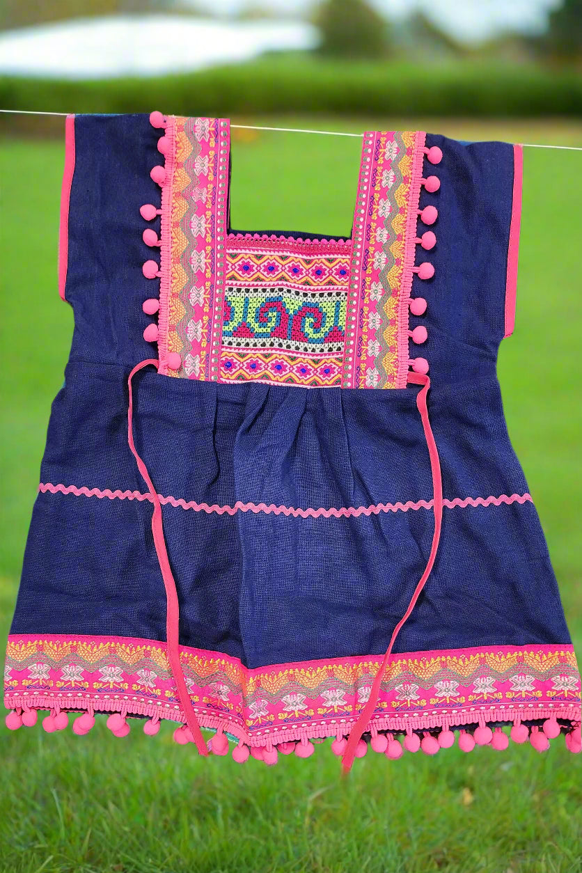 Girls Ethnic Dress - Navy with Pink