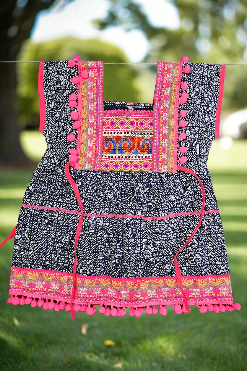 Girls Ethnic Dress - Navy & Pink