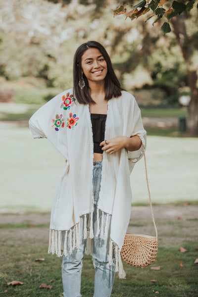 Boho Embroidered Linen Kimono