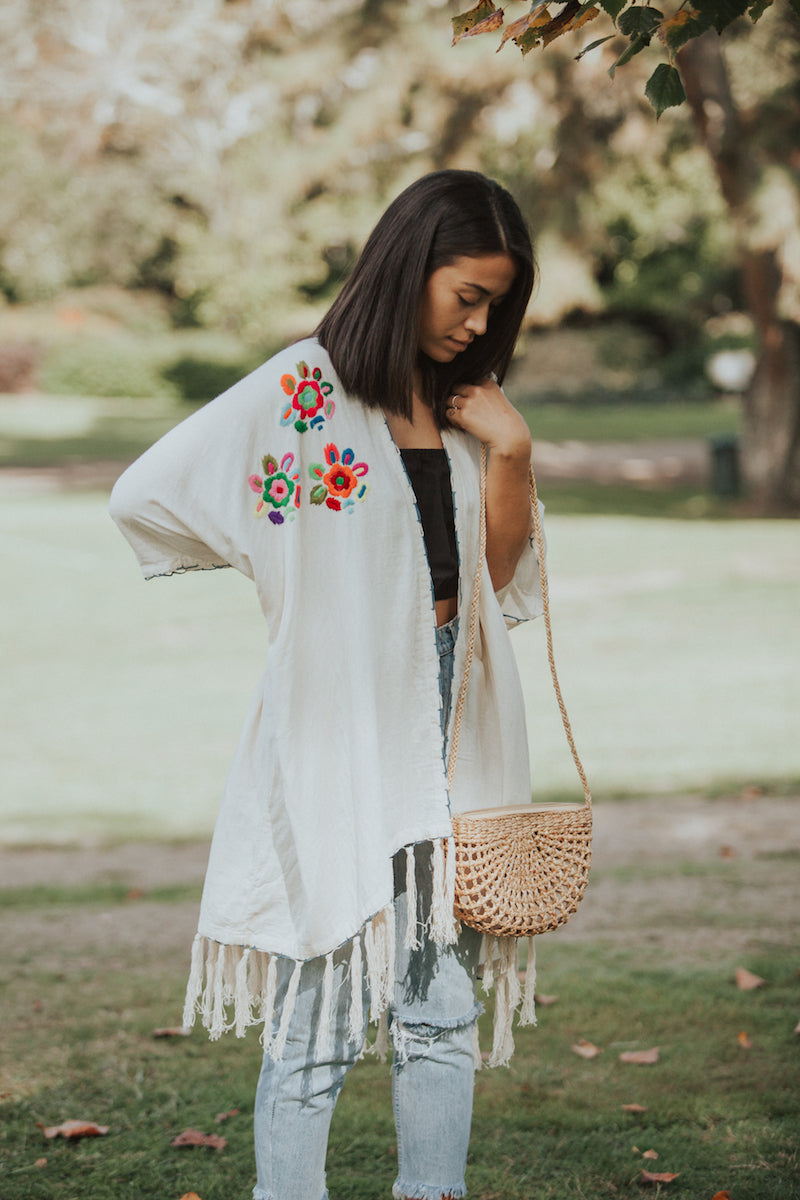 Boho Embroidered Linen Kimono